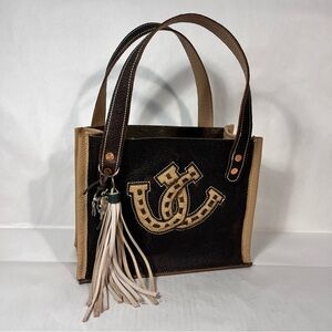 Handmade Custom Leather Tote Bag Horseshoe Tassel Brown Cream